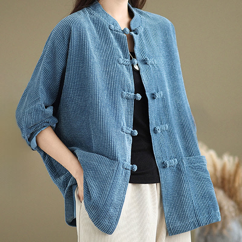Buddha Stones Damen-Cordjacke aus Baumwollleinen mit Froschknopf und Stehkragen - image 21