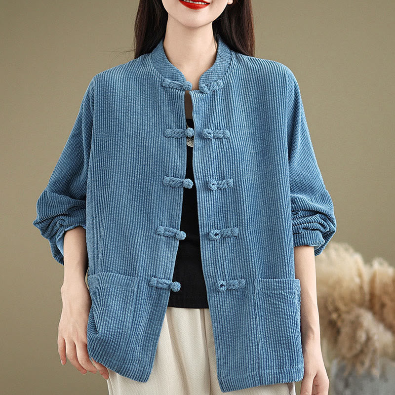 Buddha Stones Damen-Cordjacke aus Baumwollleinen mit Froschknopf und Stehkragen - image 20