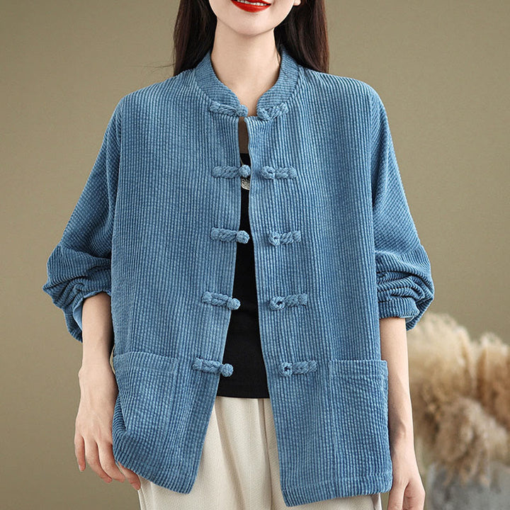 Buddha Stones Damen-Cordjacke aus Baumwollleinen mit Froschknopf und Stehkragen - image 20