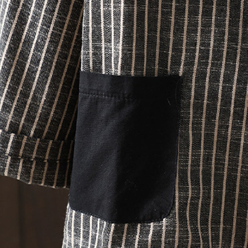 Buddha Stones Splicing Stripes Damen-Baumwoll-Leinen-Jacke mit Taschen - image 4
