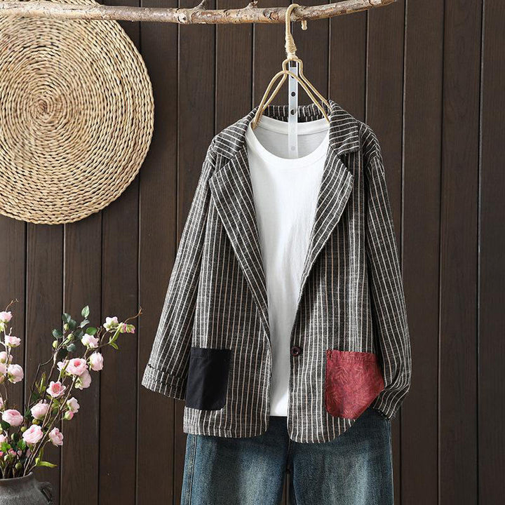 Buddha Stones Splicing Stripes Damen-Baumwoll-Leinen-Jacke mit Taschen - Dunkelgrau - US14， UK/AU18，EU46 (2XL) - image 1
