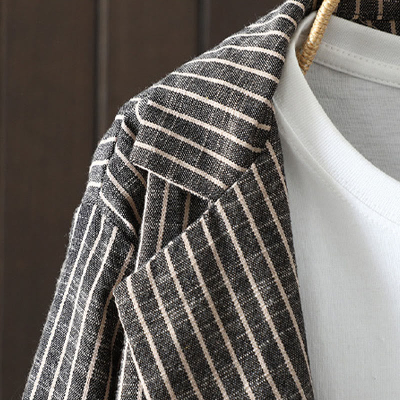 Buddha Stones Splicing Stripes Damen-Baumwoll-Leinen-Jacke mit Taschen - image 2