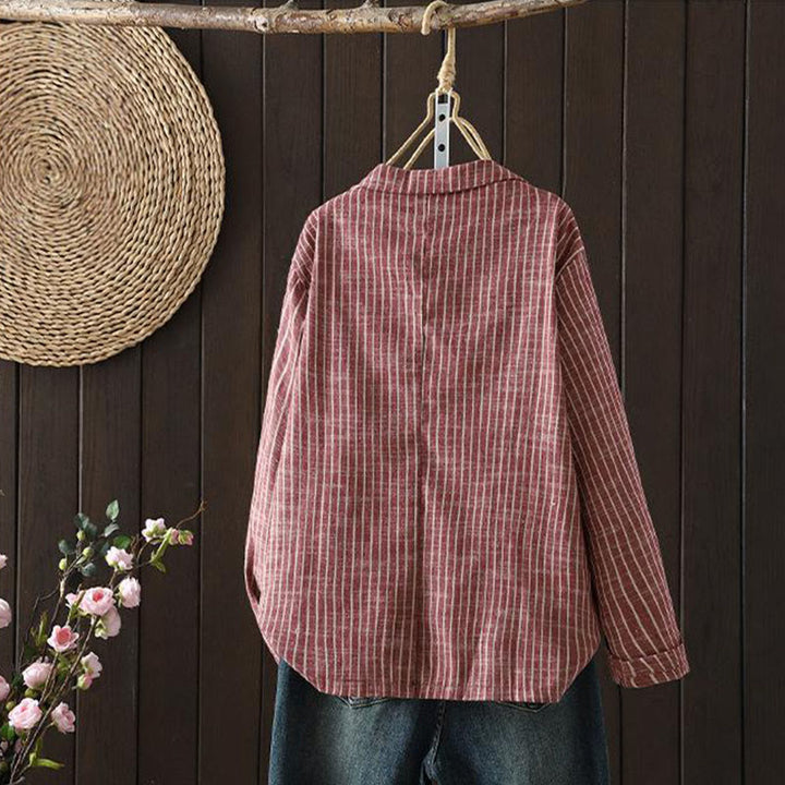 Buddha Stones Splicing Stripes Damen-Baumwoll-Leinen-Jacke mit Taschen - image 8