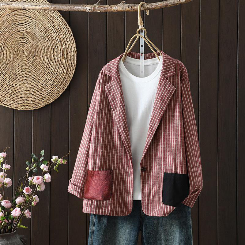Buddha Stones Splicing Stripes Damen-Baumwoll-Leinen-Jacke mit Taschen - IndianRed - US14， UK/AU18，EU46 (2XL) - image 7