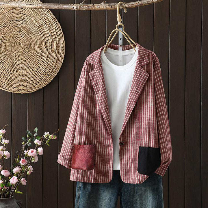 Buddha Stones Splicing Stripes Damen-Baumwoll-Leinen-Jacke mit Taschen - IndianRed - US14， UK/AU18，EU46 (2XL) - image 7