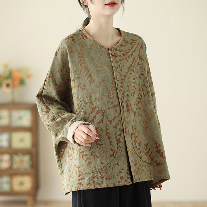 Buddha Stones Leaf Print Damen Baumwoll-Leinen-Jacke mit Taschen - image 5