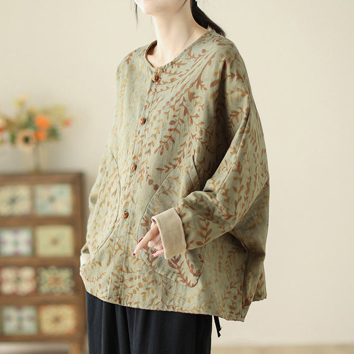 Buddha Stones Leaf Print Damen Baumwoll-Leinen-Jacke mit Taschen - image 3