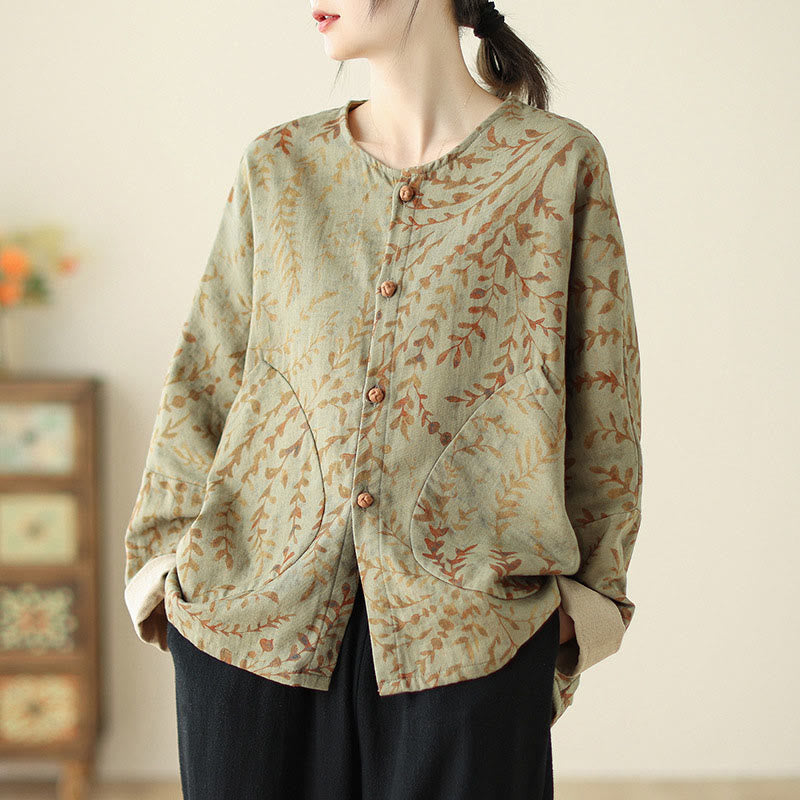 Buddha Stones Leaf Print Damen Baumwoll-Leinen-Jacke mit Taschen - DunkelKhaki - US14， UK/AU18，EU46 (2XL) - image 1