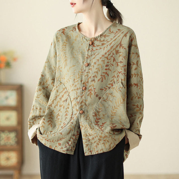 Buddha Stones Leaf Print Damen Baumwoll-Leinen-Jacke mit Taschen - DunkelKhaki - US14， UK/AU18，EU46 (2XL) - image 1