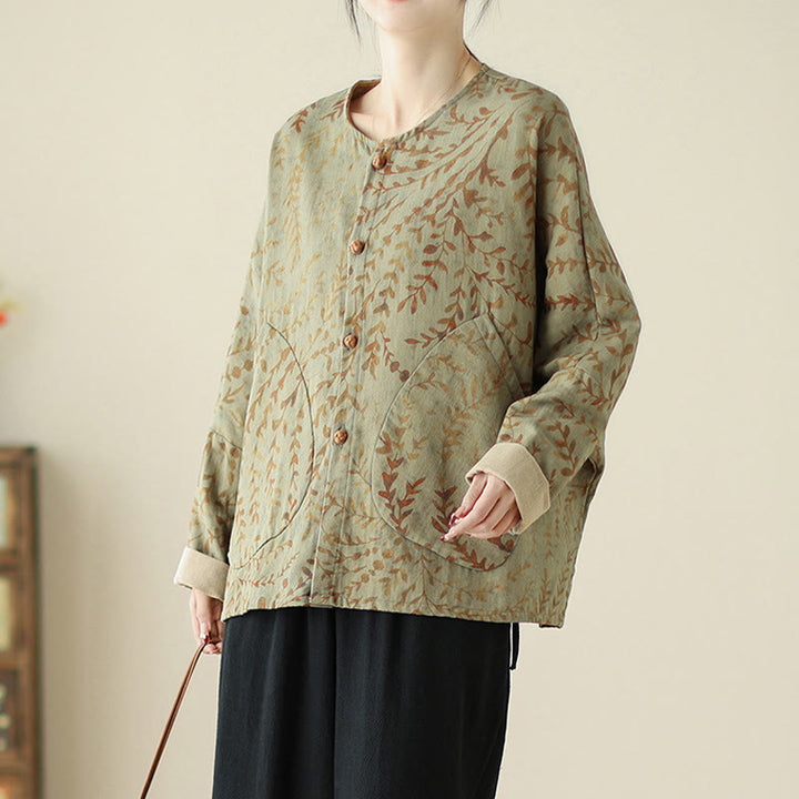 Buddha Stones Leaf Print Damen Baumwoll-Leinen-Jacke mit Taschen - image 4