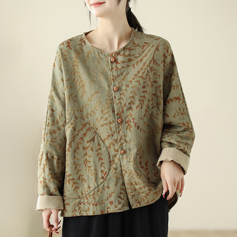Buddha Stones Leaf Print Damen Baumwoll-Leinen-Jacke mit Taschen - image 2