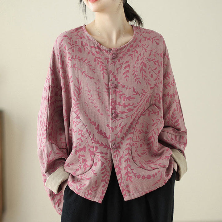 Buddha Stones Leaf Print Damen Baumwoll-Leinen-Jacke mit Taschen - image 9