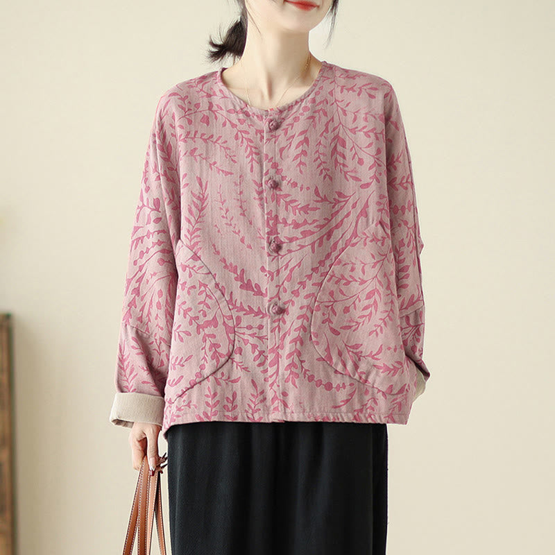 Buddha Stones Leaf Print Damen Baumwoll-Leinen-Jacke mit Taschen - BlassViolettRot - US14， UK/AU18，EU46 (2XL) - image 7