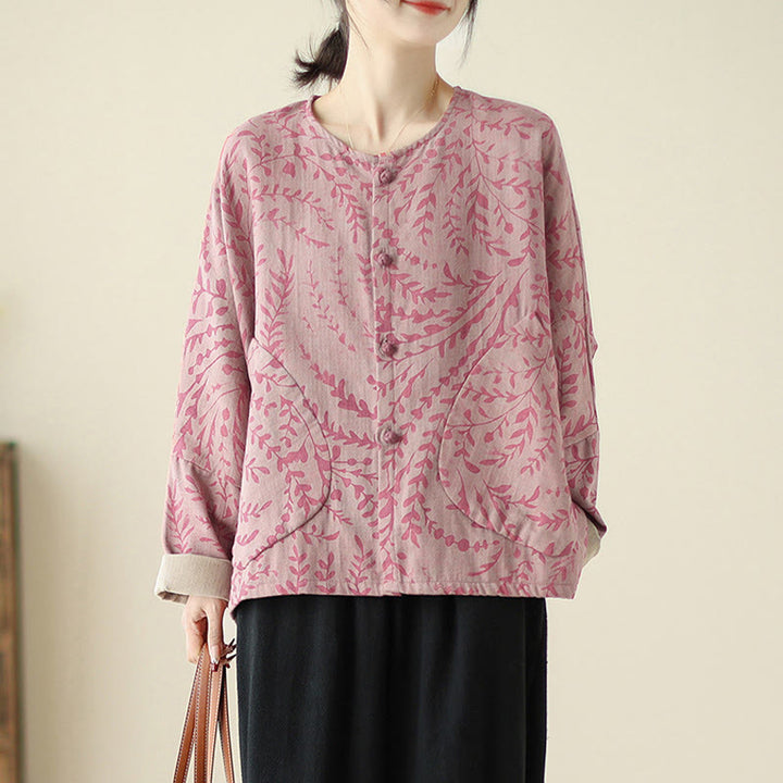 Buddha Stones Leaf Print Damen Baumwoll-Leinen-Jacke mit Taschen - BlassViolettRot - US14， UK/AU18，EU46 (2XL) - image 7