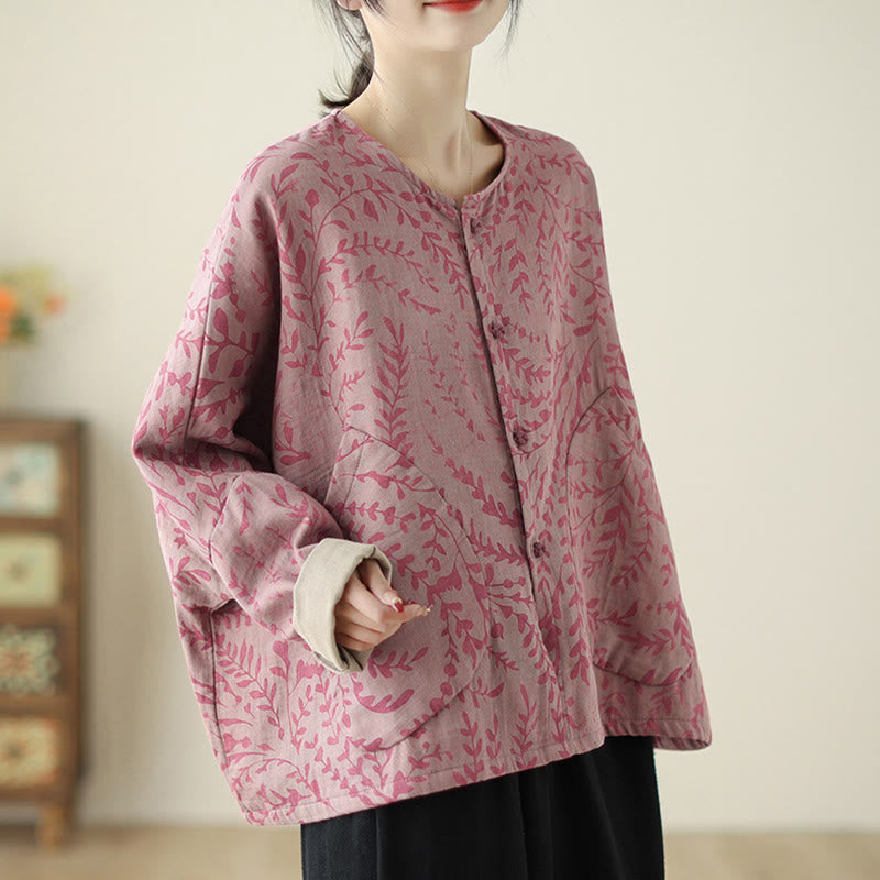 Buddha Stones Leaf Print Damen Baumwoll-Leinen-Jacke mit Taschen - image 10