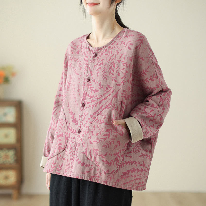 Buddha Stones Leaf Print Damen Baumwoll-Leinen-Jacke mit Taschen - image 11