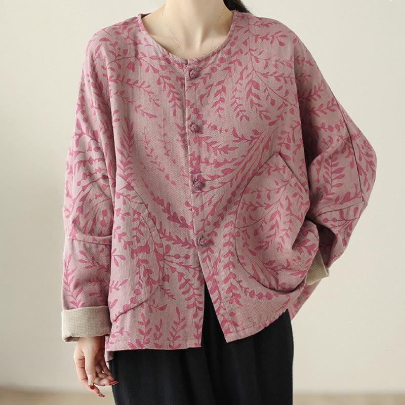 Buddha Stones Leaf Print Damen Baumwoll-Leinen-Jacke mit Taschen - image 8