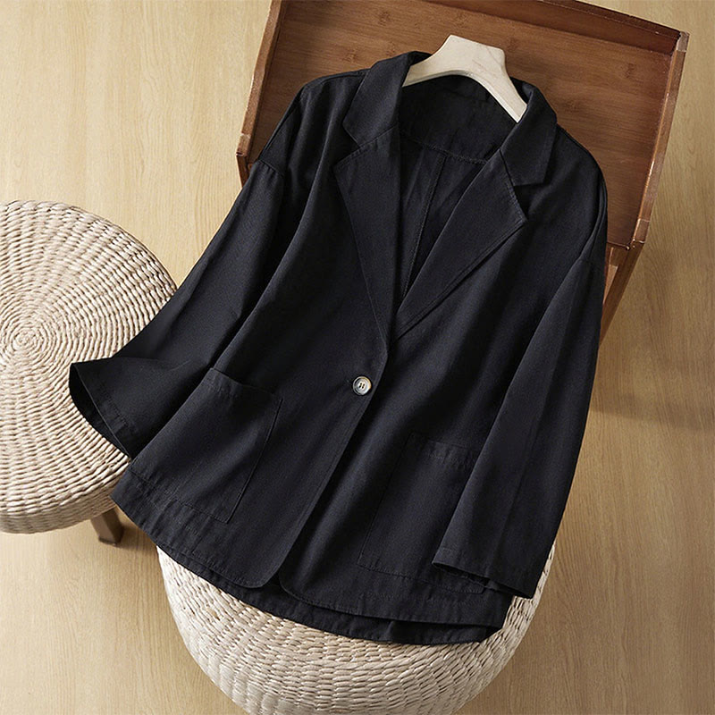 Buddha Stones Damen-Anzugjacke aus Baumwolle mit schlichten Knöpfen und Taschen - Schwarz - US12， UK/AU16，EU44 (XL) - image 9