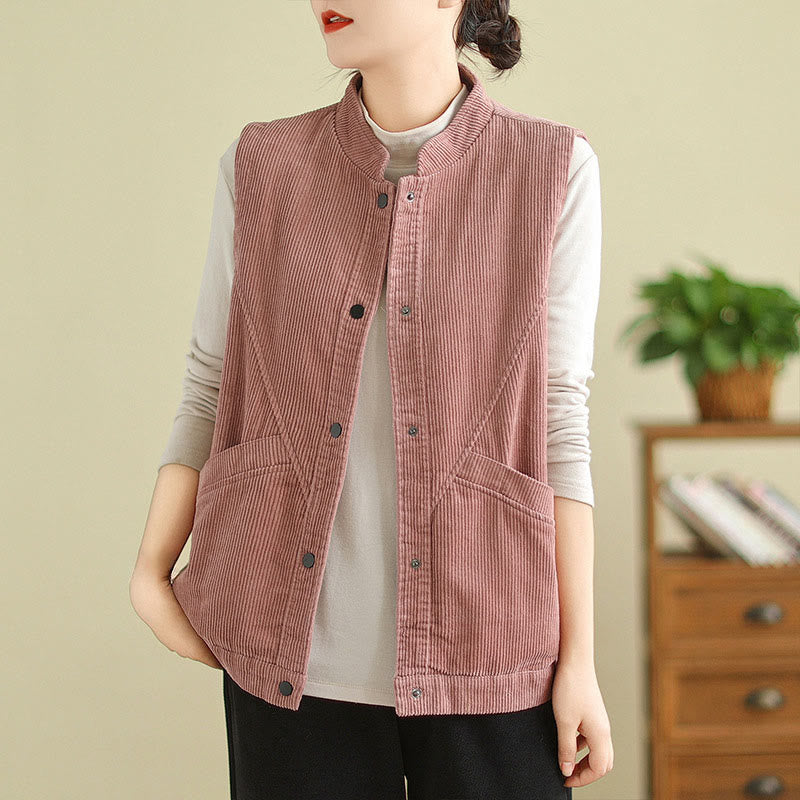 Buddha Stones Schlichte ärmellose Damen-Weste aus Baumwolle und Cord mit Taschen - BlassViolettRot - US12， UK/AU16，EU44 (2XL) - image 9