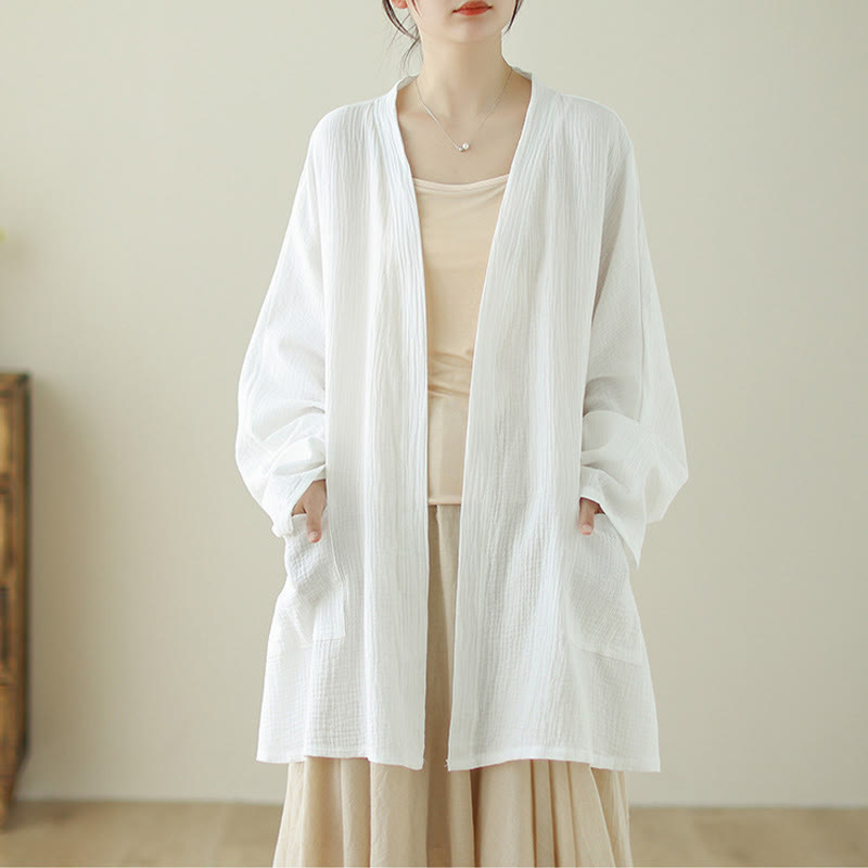 Buddha Stones – Schlichte, langärmelige Zen-Meditationsjacke aus Baumwollleinen mit Taschen - Weiß - US12， UK/AU16，EU44 (XL) - image 8