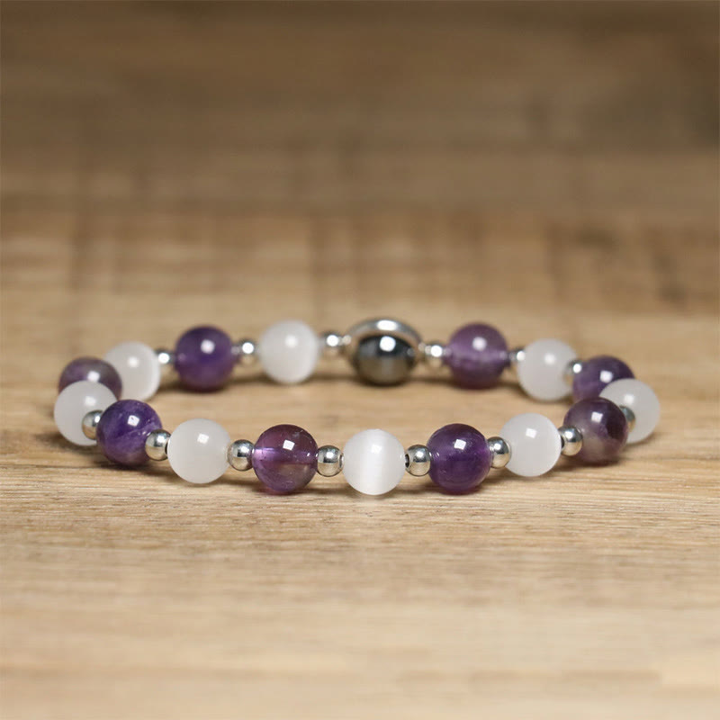 Buddha Stones Balance-Armband mit natürlichen Amethyst- und weißen Katzenaugenperlen - image 2