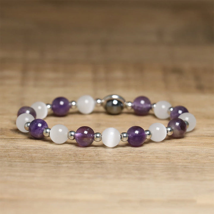 Buddha Stones Balance-Armband mit natürlichen Amethyst- und weißen Katzenaugenperlen - image 2