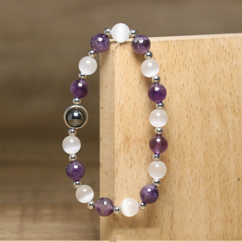 Buddha Stones Balance-Armband mit natürlichen Amethyst- und weißen Katzenaugenperlen - image 5
