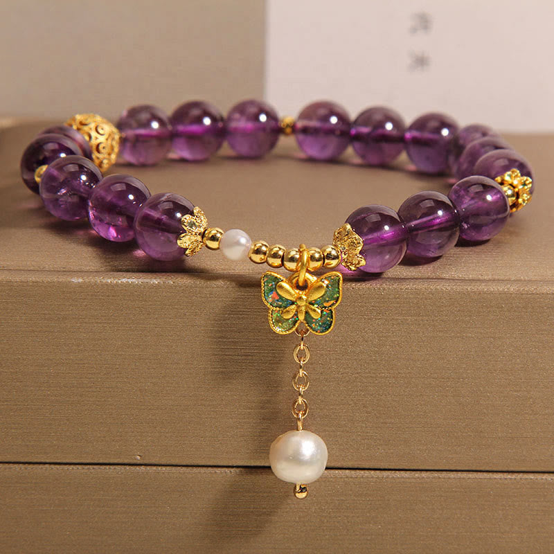 Buddha Stones Natürliches Amethyst-Bernstein-Grün-Schmetterlings-Heilarmband - Amethyst & Bernsteingrüner Schmetterling (Handgelenkumfang: 15–17 cm) - image 1