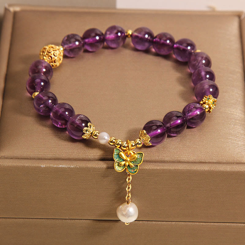 Buddha Stones Natürliches Amethyst-Bernstein-Grün-Schmetterlings-Heilarmband - image 2