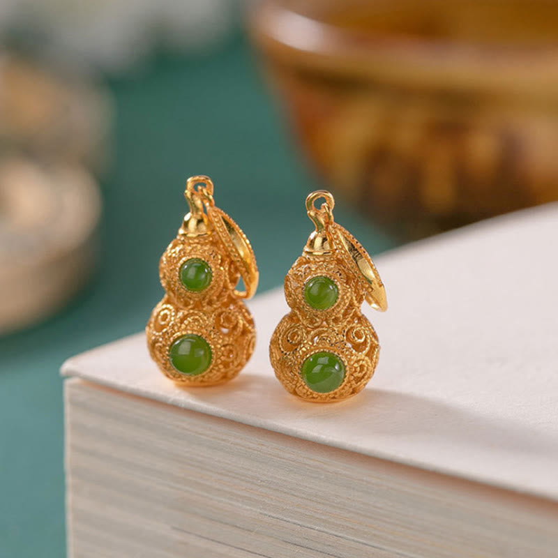 Buddha Stones Kupfer Hohlkürbis Jade Wohlstand Ohrringe - image 2