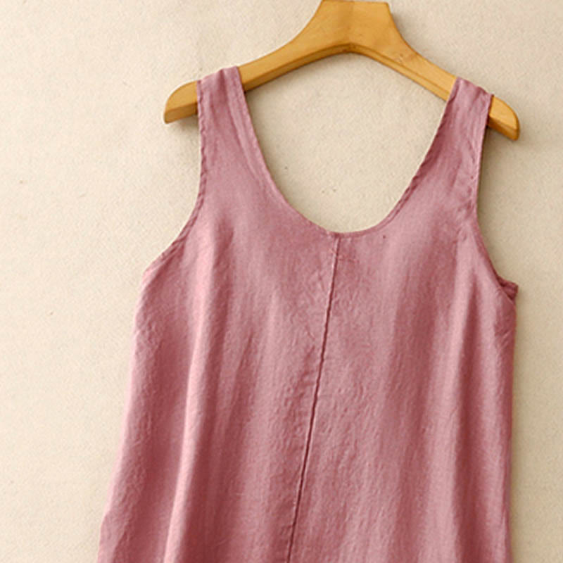 Buddha Stones Sommer Täglich Lässig Reine Farbe Rundhalsausschnitt Einfaches Design Ärmelloses Midikleid - image 1