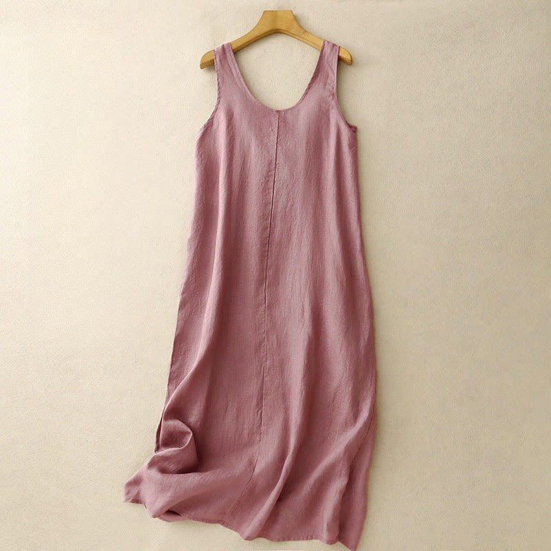 Buddha Stones Sommerliches, lässiges, einfarbiges, ärmelloses Midikleid mit Rundhalsausschnitt und Taschen - Blassviolettrot - US14, UK/AU18, EU46 (2XL) - image 0
