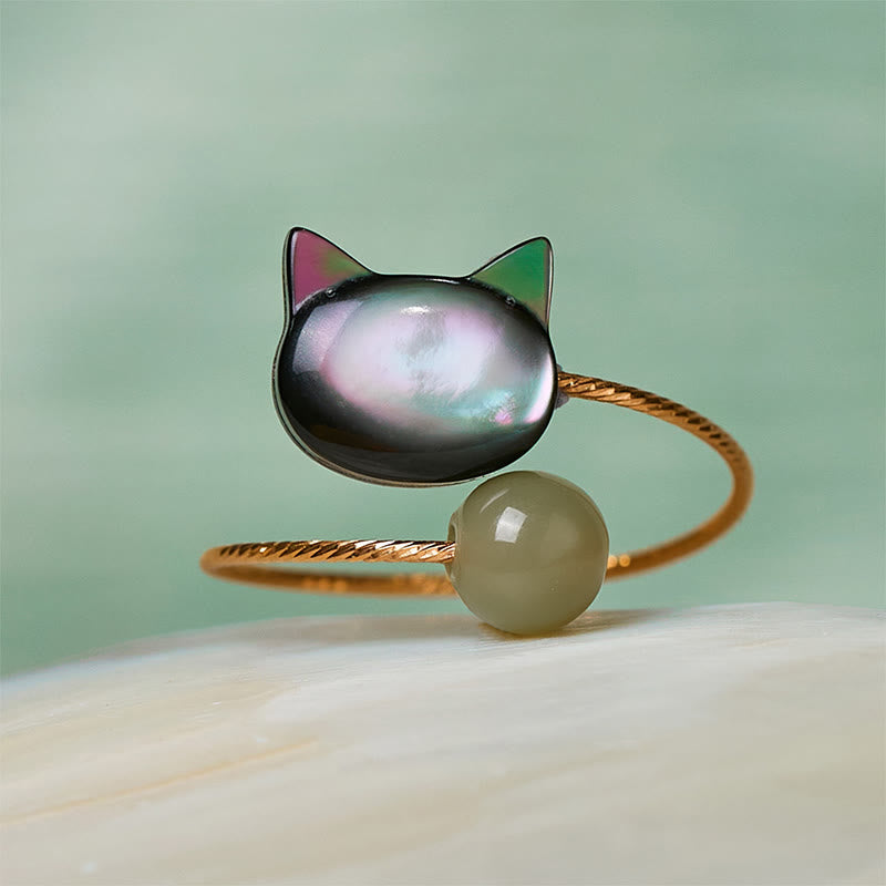 Buddha Stones Schwarzer Tridacna-Stein Katze Jade Segen Verstellbarer Ring - image 1