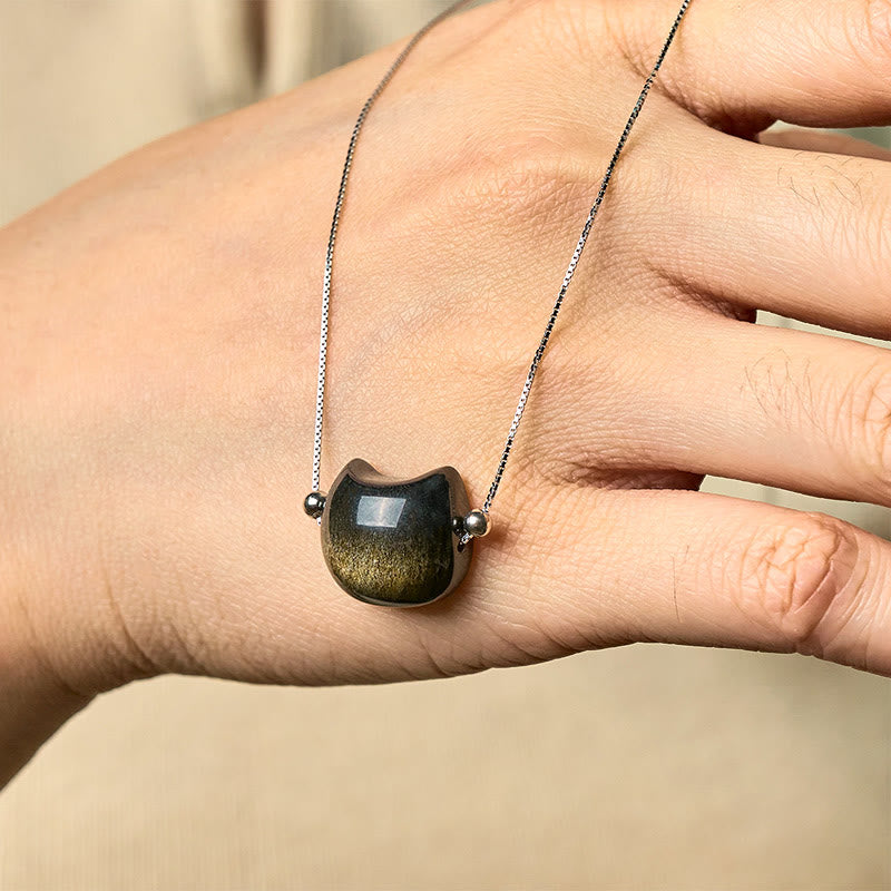 Buddha Stones 925 Sterling Silber Natürlicher Silberglanz Obsidian Goldglanz Obsidian Katzenhalskette - image 6
