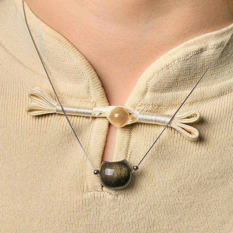 Buddha Stones 925 Sterling Silber Natürlicher Silberglanz Obsidian Goldglanz Obsidian Katzenhalskette - image 7