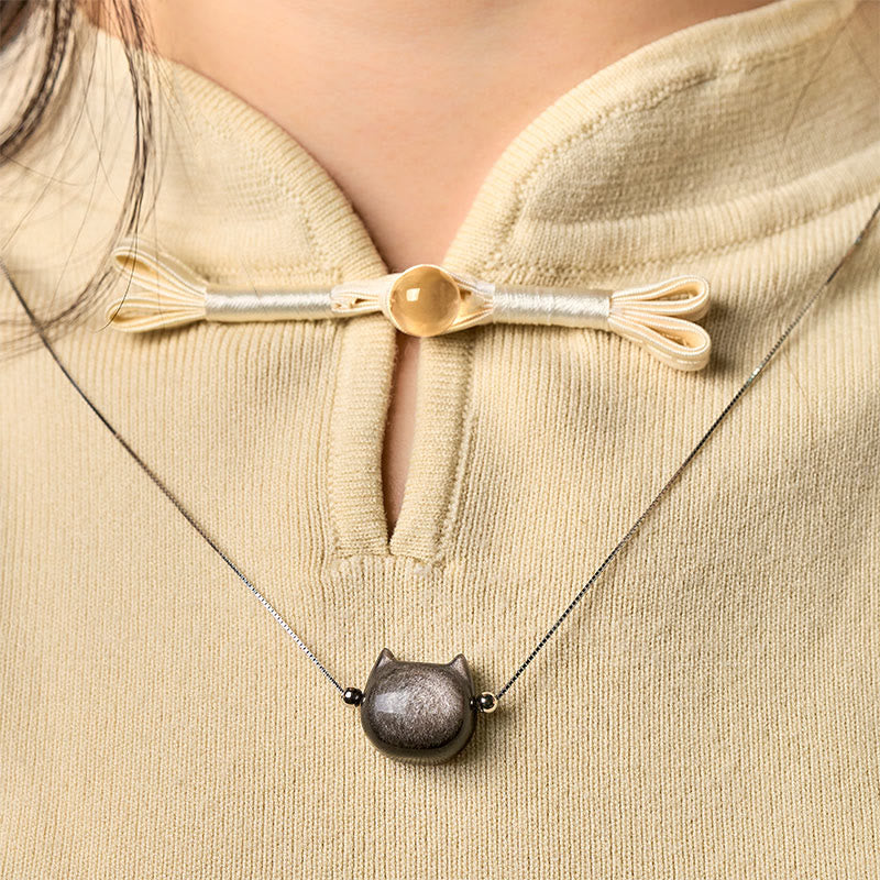 Buddha Stones 925 Sterling Silber Natürlicher Silberglanz Obsidian Goldglanz Obsidian Katzenhalskette - image 1