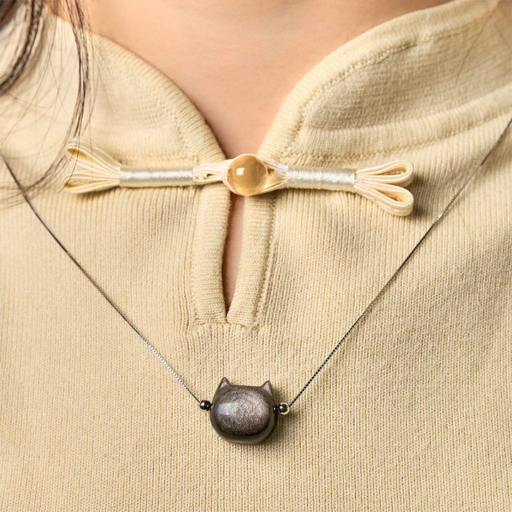 Buddha Stones 925 Sterling Silber Natürlicher Silberglanz Obsidian Goldglanz Obsidian Katzenhalskette - image 1