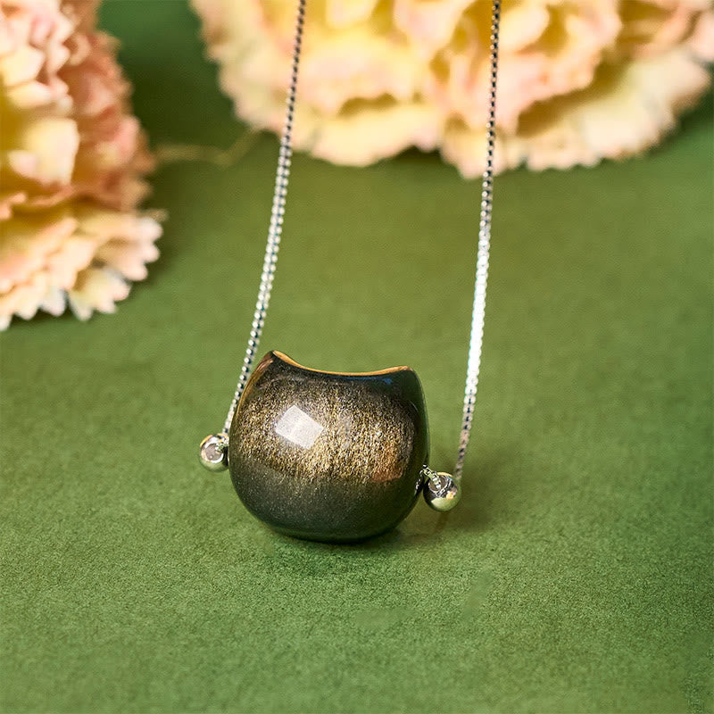 Buddha Stones 925 Sterling Silber Natürlicher Silberglanz Obsidian Goldglanz Obsidian Katzenhalskette - Goldglanz-Obsidian - image 5