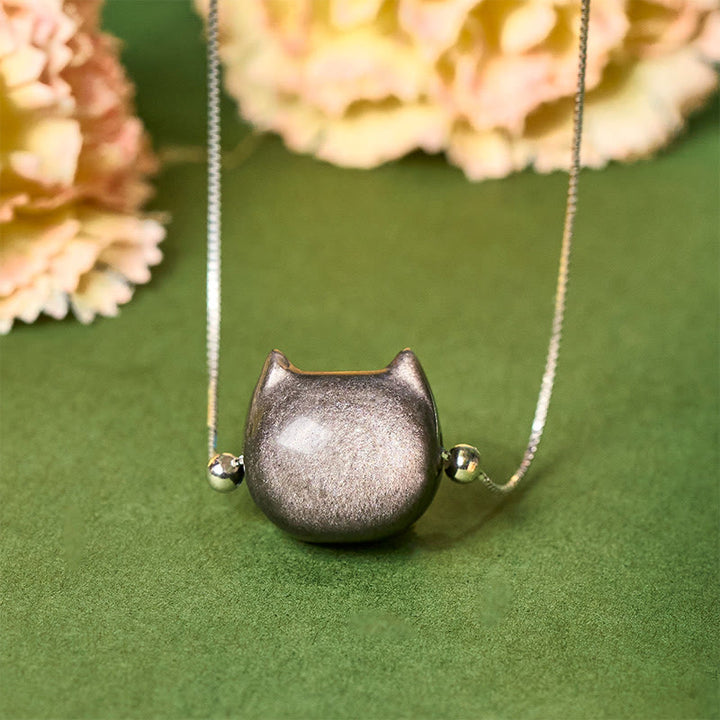 Buddha Stones 925 Sterling Silber Natürlicher Silberglanz Obsidian Goldglanz Obsidian Katzenhalskette - Silberglanz-Obsidian - image 0