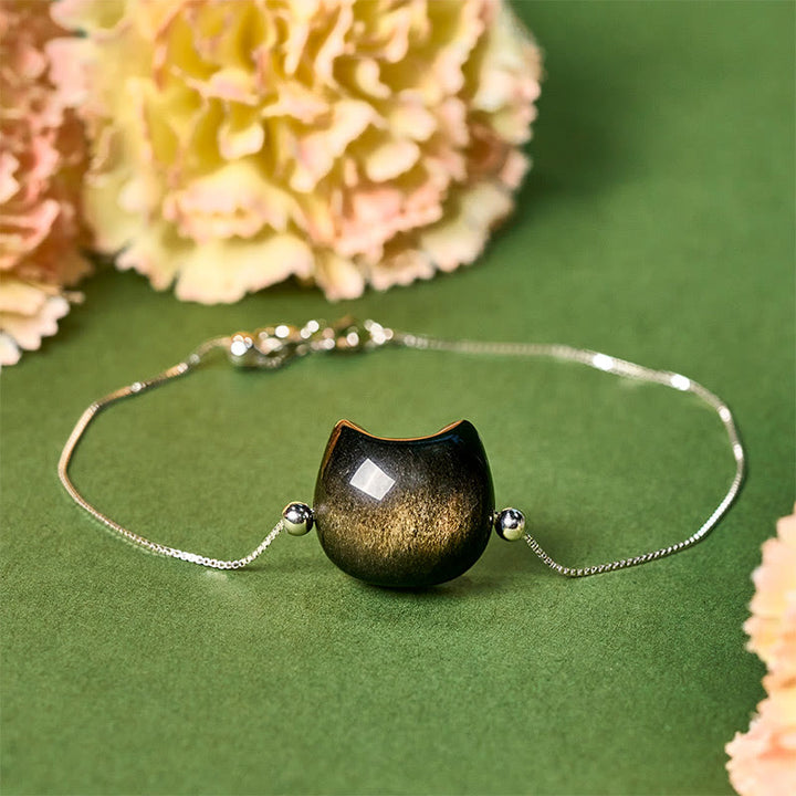 Buddha Stones 925 Sterling Silber Silber Glanz Obsidian Gold Glanz Obsidian Katze Beruhigendes Armband - Goldglanz-Obsidian - 17-22 cm - image 10