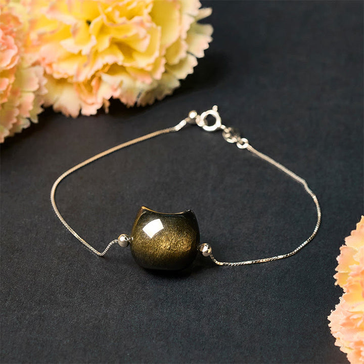 Buddha Stones 925 Sterling Silber Silber Glanz Obsidian Gold Glanz Obsidian Katze Beruhigendes Armband - image 14