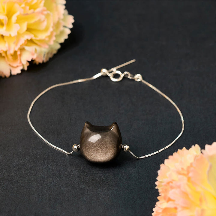 Buddha Stones 925 Sterling Silber Silber Glanz Obsidian Gold Glanz Obsidian Katze Beruhigendes Armband - image 4