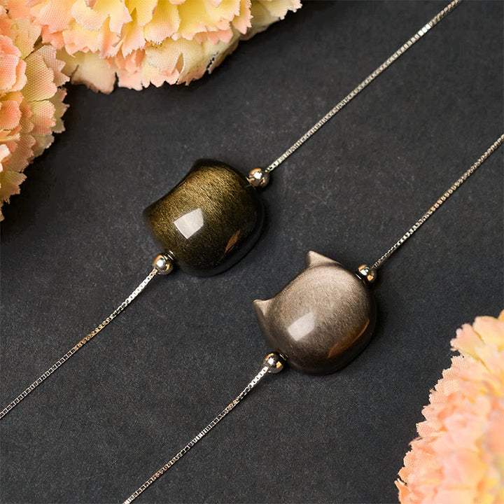 Buddha Stones 925 Sterling Silber Silber Glanz Obsidian Gold Glanz Obsidian Katze Beruhigendes Armband - image 16