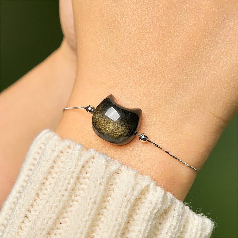 Buddha Stones 925 Sterling Silber Silber Glanz Obsidian Gold Glanz Obsidian Katze Beruhigendes Armband - image 13