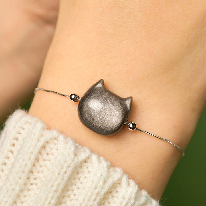 Buddha Stones 925 Sterling Silber Silber Glanz Obsidian Gold Glanz Obsidian Katze Beruhigendes Armband - image 2
