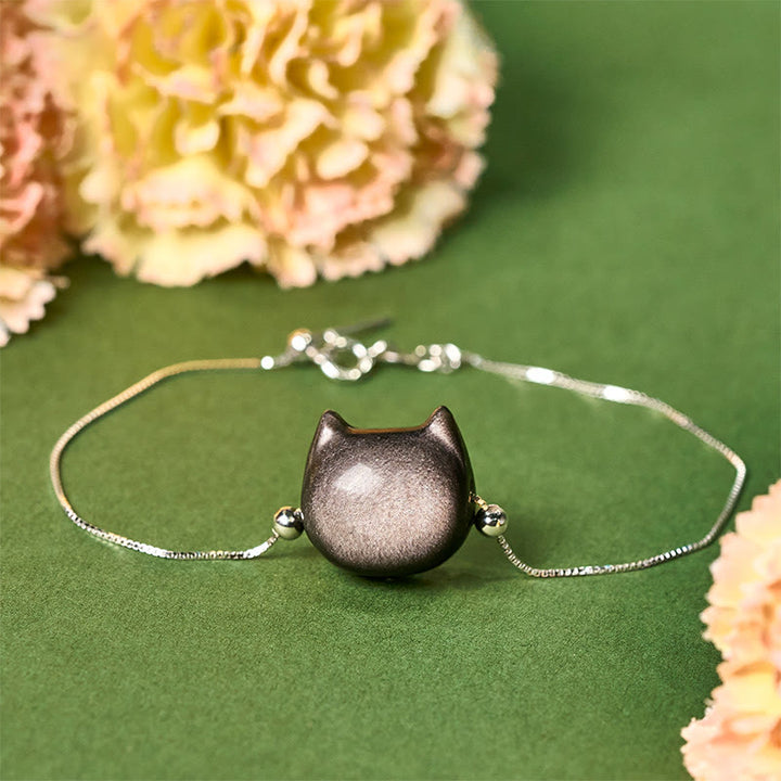 Buddha Stones 925 Sterling Silber Silber Glanz Obsidian Gold Glanz Obsidian Katze Beruhigendes Armband - Silberglanz-Obsidian - 17-22 cm - image 0