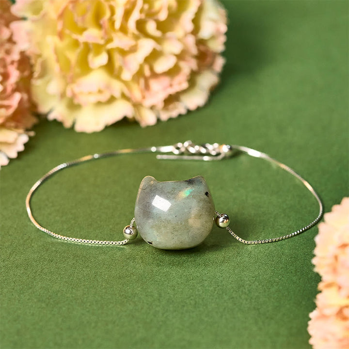Buddha Stones 925 Sterling Silber Gesichtsloser Katzenkopf Natürlicher Labradorit Heilarmband - 18-22 cm - image 1