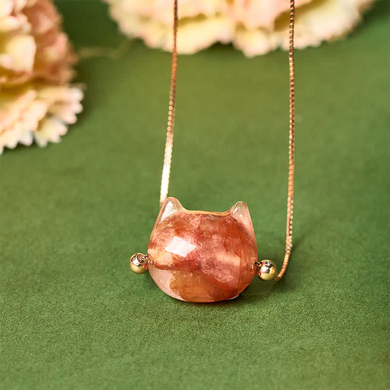 Buddha Stones 925 Sterling Silber Katzenkopf Natur Rot Blume Quarz Schutz Halskette Anhänger - Einschlussquarz - image 0