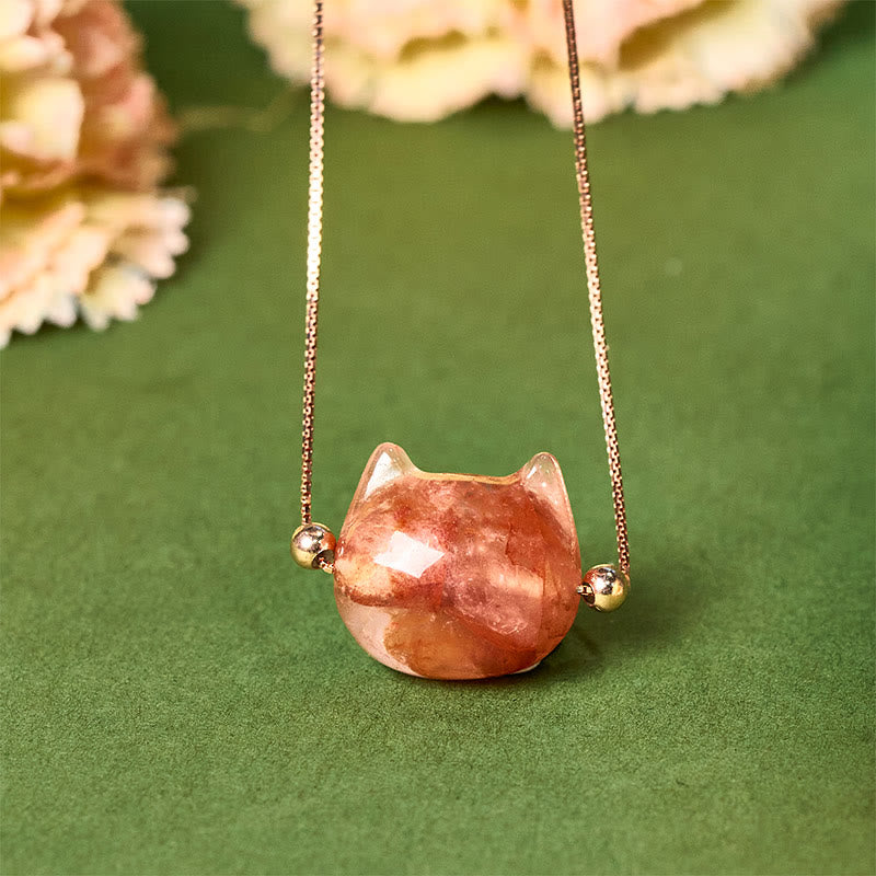 Buddha Stones 925 Sterling Silber Katzenkopf Natur Rot Blume Quarz Schutz Halskette Anhänger - image 1