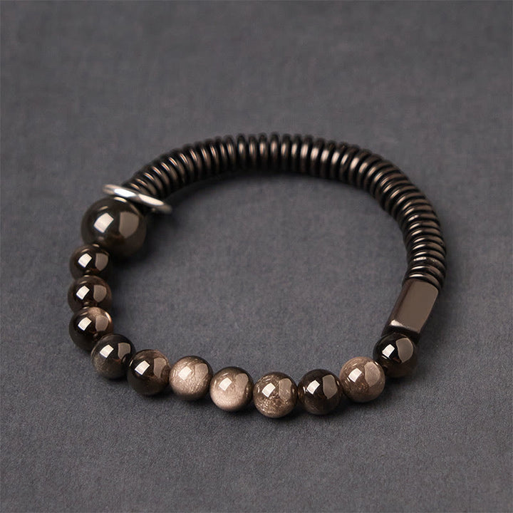 Buddha Stones Silberglanz Obsidian Kokosnussschale Schutzarmband - Silberglänzender Obsidian und Kokosnussschale (Handgelenkumfang: 18–20 cm) - image 1